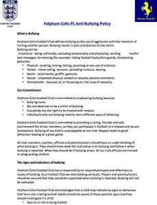 Felpham Colts Anti-Bullying Policy linking to a PDF