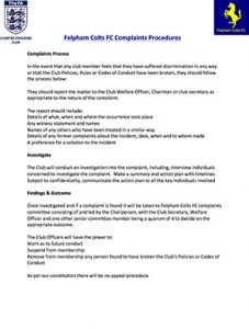 Felpham Colts Complaints Procedure linking to a PDF